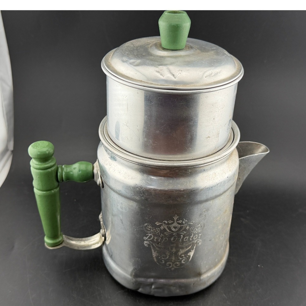 Vintage Enterprise Aluminum Drip-O-lator Coffee Pot-Green Bakelite Handle, 2 Cup